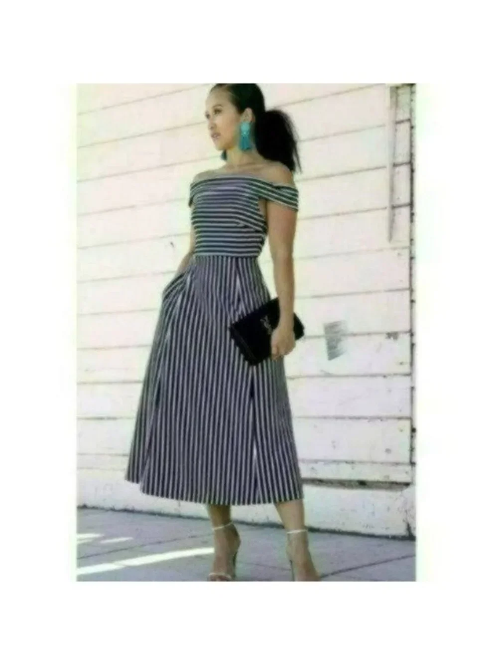 Banana Republic Women's Size 2 Black White Stripe Off The Shoulder Midi Dress